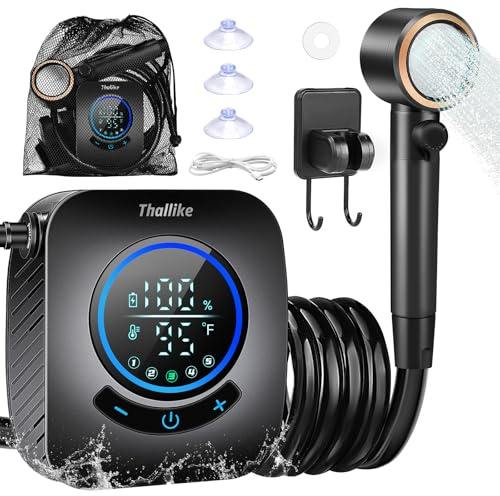 Upgradierte tragbare Dusche – 8000mAh wiederaufladbare Campingduschpumpe mit intelligentem Display, 5 Druckstufen, IPX8 wasserdicht, ultraleichter Outdoor-Duschpumpen-Set für Wandern, Reisen, Auto