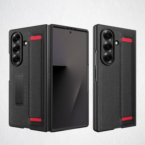 Koelaa Hülle für Samsung Galaxy Z Fold7, Handyhülle mit Magnetischem Ständer, Handschlaufe & Displayschutzfolie, Leder-Optik rutschfest Ultra Dünn Kratzfest Sturzsicher - Schwarz