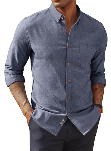 PJ PAUL JONES Men's Long Sleeve Shirt Button Down Collar Cotton Linen Shirts Navy Blue M