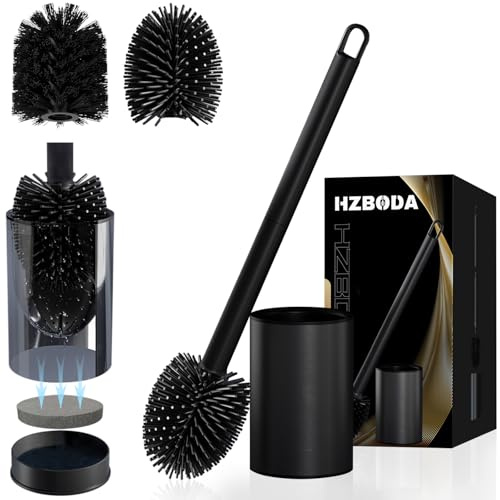 HZBODA Scopino Bagno WC Silicone Nero Spazzolone Con Supporto In Acciaio Inox Ad Asciugatura Rapida Spazzolino WC Bagno In Piedi Include 2 Teste Di Spazzola