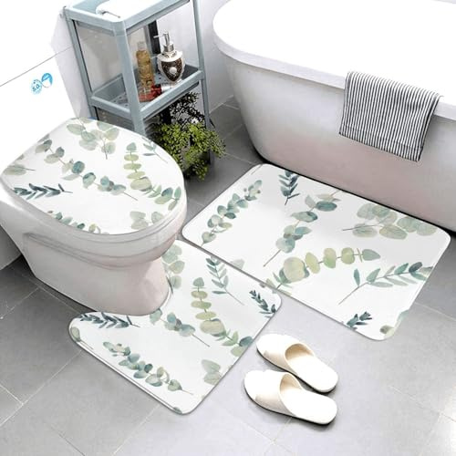 rutschfeste 3 Badteppich Set Eukalyptusblätter Badematte 3-TLG Langlebige Wasserabsorbierend Badgarnitur Badematten, Für Badewanne, Badezimmer, Wc-Sitz Bezug