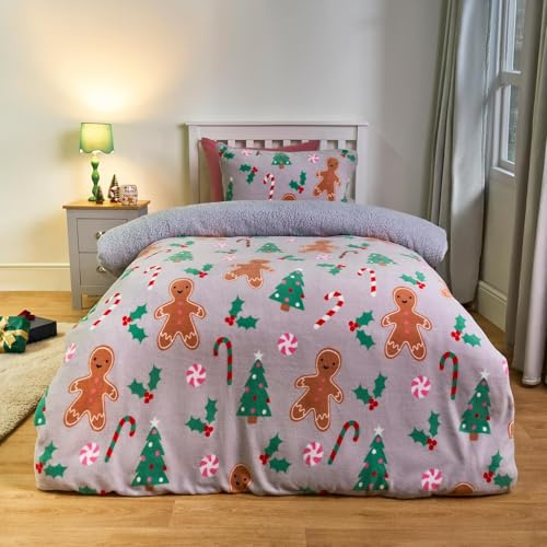 OHS Single Fleece Duvet Cover, Christmas Bedding Gingerbread Candy Cane Kids Single Duvet Cover Set Warm Cosy Fleece Sherpa Reversible Boys Girls Bedding with Pillowcase, Multi
