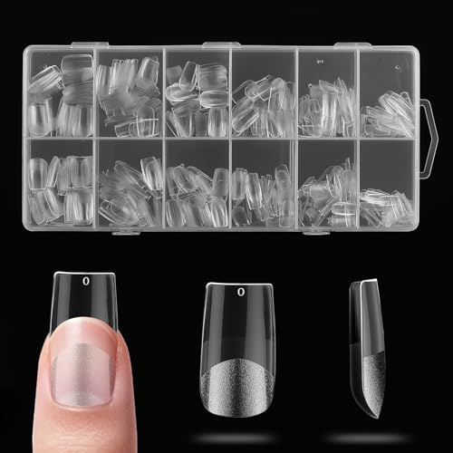 600 Pcs Kit Faux Ongles Carrés, Capsule Ongle Carrés à Coller en Acrylique Semi-mat Couvrant Entièrement Transparents pour Extensions de Gel, Maison et Salon (12 Tailles, Carré B)