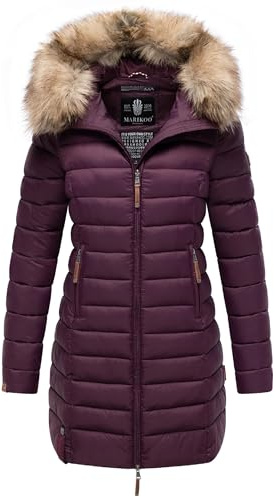 MARIKOO Damen Winter-Steppmantel Rose-Stepp mit großer Kunstfellkapuze | Länge: po-bedeckend | Wärmegrad 3 von 3 – warm gefüttert | Matt schimmerndes, weiches Obermaterial