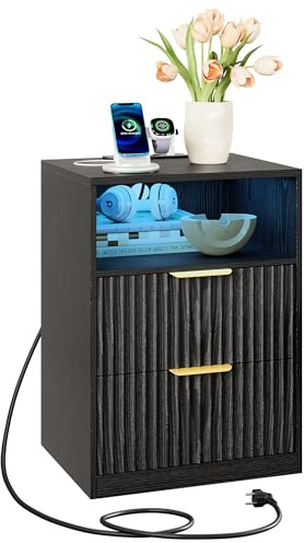 IRONCK Nachttisch mit LED-Licht & Ladefunktion, Nachtschrank mit 2 Schubladen und 1 Offenes Fach, Beistelltisch mit USB+Typ-C Anschlussen, Sofatisch für Wohnzimmer Schlafzimmer, Schwarz