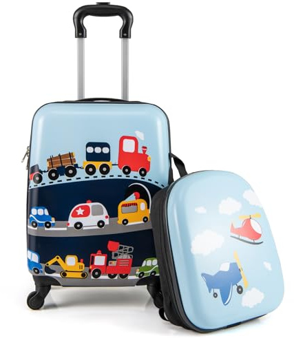 DREAMADE 2 TLG. Kinderkoffer & Rucksack, Kinderkofferset, Kindertrolley Kindergepäck, Handgepäck Reisegepäck Hartschalenkoffer für Kinder (17 Zoll + 13 Zoll,Blau-Auto)