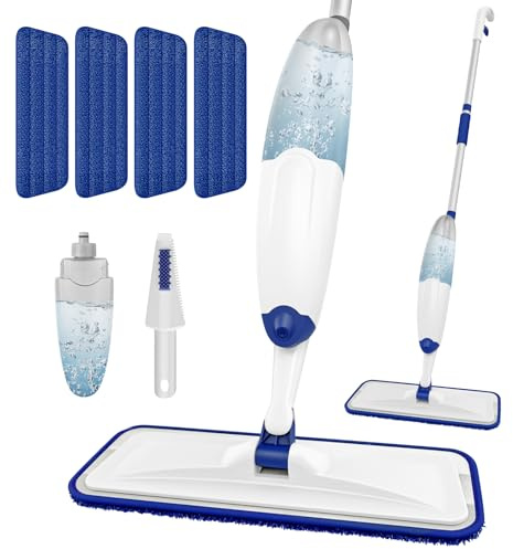 HOMTOYOU Microfiber Flat Mop with Sprayer: Spray Mop with 4 Washable Pads for Cleaning Multi-Surface Floors - 1Pcs 400+ML Refillable Bottle | Cleaning Multi-Surface Floors, 1Pcs 400+ML Refillable Bottle, Wet Dry Use, 360° Swivel Head, White