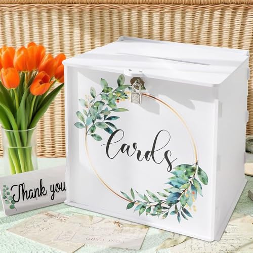 YANGUN White Wedding Card Box with Lock, Wedding Post Box, 25 × 26 × 21cm PVC Money Envelope Card Gift Boxes for Anniversary Birthday Baby Shower Reception Party Graduation Decoration