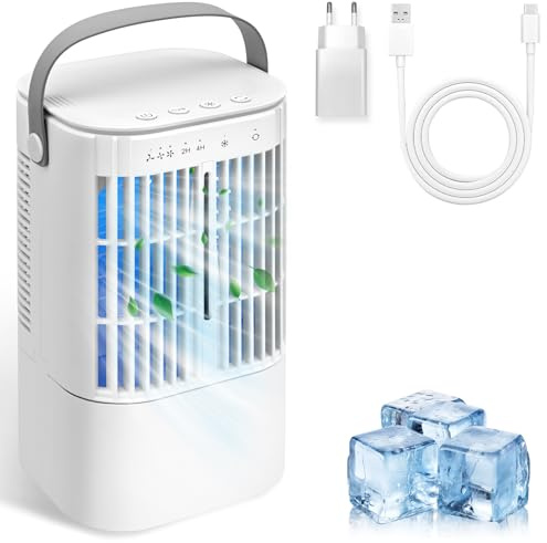 FEMBW Aire Acondicionado Portatil Sin Tubo 4 en 1, Mini Aire Portátil Interior 900ml, 3 Velocidades y Nebulización,Luz de 7 Colores,Temporizador de 2/4H,para Dormitorios, Oficinas y Espacios Reducidos