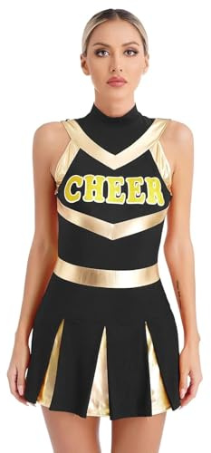 WSQHAO Glänsande cheerleading-uniform för kvinnor, cheer dansklänning, kostym, veckad tryckt klänning, ungdomlig, sexig skolflicka fyrkant outfits för kvinnor (svart) L)