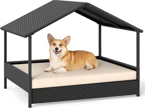 COSTWAY Niche pour Chien Exterieur Interieur en Rotin PE, Coussin Amovible, Charge 60 kg, Chenil pour Chien Exterieur, Cadre en Métal, Base Surélevé, pour Petits&Moyens, 98 x 69 x 74 cm (Beige)