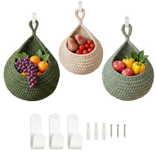 3 Stück Obstkorb Hängend, Hängekorb mit Haken und Klebehaken, Geflochten Hängekorb Obst Wandkorb Hängend Gemüsekorb Geflochten Obstkorb, Dekorativer Gemüsekorb für Küche und Wohnzimmer (Grün, Beige)