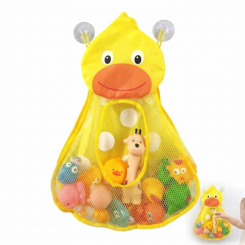 Badkarsleksak förvaring gul anka – badleksak förvaringsnät med sugkoppar, 35 x 48 cm stort nät för badkar, organiseringsväska för baby och barn badrumstillbehör