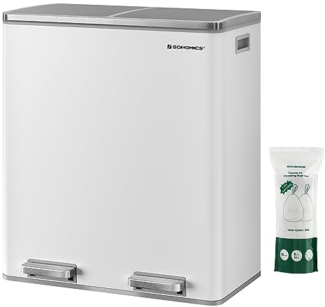 SONGMICS Dual Rubbish Bin, Metal Recycling Bin with 15 Rubbish Bags, 2-Compartment, with Lids, Pedals, Plastic Inner Buckets, Soft Closure, 2 x 8 Gallons (2 x 30 L), White and Grey LTB60WT