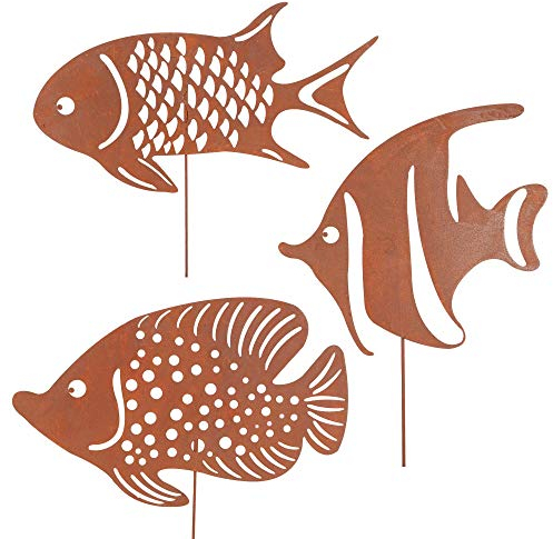 UNUS Lot de 3 grands poissons décoratifs de jardin en métal patiné pour jardin, terrasse ou balcon