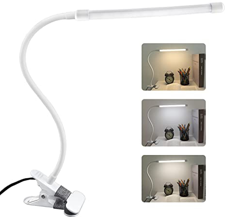 8W Clip On Desk Light, Adapter Included, Flexible Gooseneck USB Lamp Bed Light, 3 Colours & 10 Brightness, Dimmable Bedside Reading Light, Desk Light Clip on for PC Office Bedroom, White
