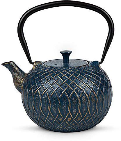 Toptier Japanischer Teekessel aus Gusseisen für Herdplatte, Herdplatte, sichere Teekanne mit Teesieb für losen Tee, 1000 ml, marineblaue Melodie