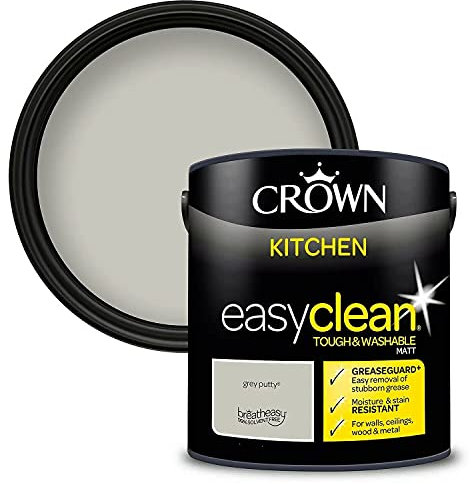 2.5L CROWN Easyclean Kitchen MATT Emulsion Multi Surface Paint With GREASEGUARD+ That can be Used on Walls, Ceilings, Wood and Metal. Stain & Scrub Resistant Formula – Grey Putty