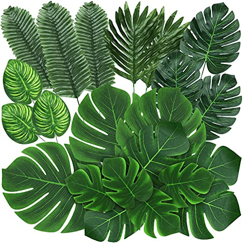 QUANQIUFEI, 74 Hojas de Palma Artificiales Tropicales, Hojas de Monstera para Safari, Selva, Dinosaurio, Luau, decoración de Mesa, Boda, cumpleaños, Fiesta temática