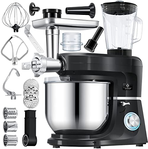 KESSER® 3 in 1 Universal Küchenmaschine K-KM 3000 mit Fleischwolf Knetmaschine Multifunktionale Rührmaschine 5,5L Schüssel mit 3 Rührwerkzeuge, 1,5L Entsafter, Zubehör-Set, Pasta & Gebäckformen