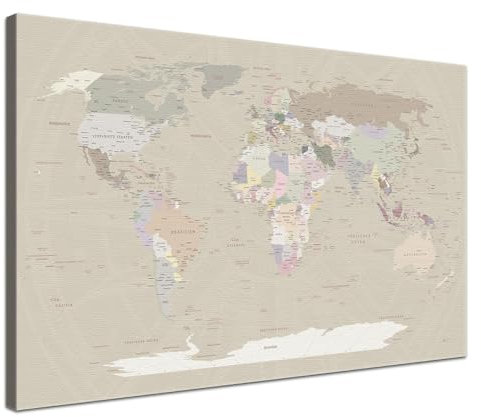 LANA KK Weltkarte-Pinnwand als Leinwandbild, pinne Deine Reisen und Erinnerungen – World Map Cappuccino - Deutsch - Landkarten-Wandbild in braun, 100 x 70 cm