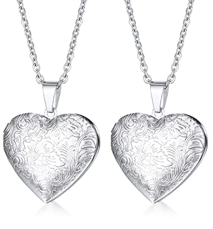 Weenkeey 2 Pcs Love Heart Locket Necklace That Holds Pictures - Stainless Steel Heart Shaped Pendant for Women Girls - Style 5 Silver