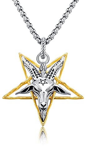 SOESON Sigil of Baphomet Cadena, colgante de cabeza de cabra de Satanás, plata de ley 925, pentagrama, collar colgante de cabra, joyas regalos para hombre y mujer, Plata esterlina
