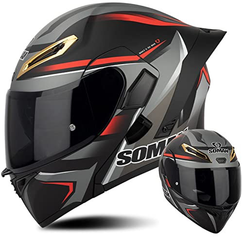 Modularer Motorradhelm mit Hochklappbarer, Klapphelm Modularer Rollerhelm mit Doppeltem Sonnenvisier Farblinse, ECE-Zugelassener Motorrad Integralhelm, Rot Grau-S(55~56cm)