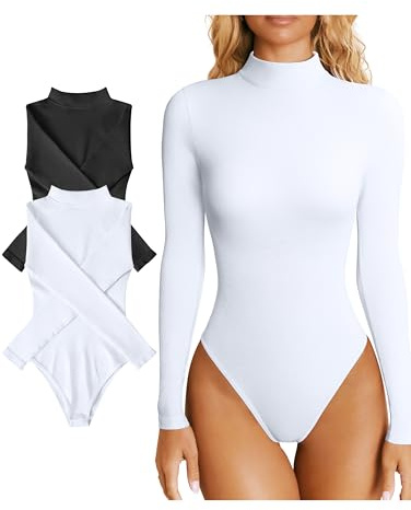 OQQ Bodysuits für Damen 2er Pack Elastisch Rollkragen Basic Langarm Sexy Bodysuits Schwarz Weiß