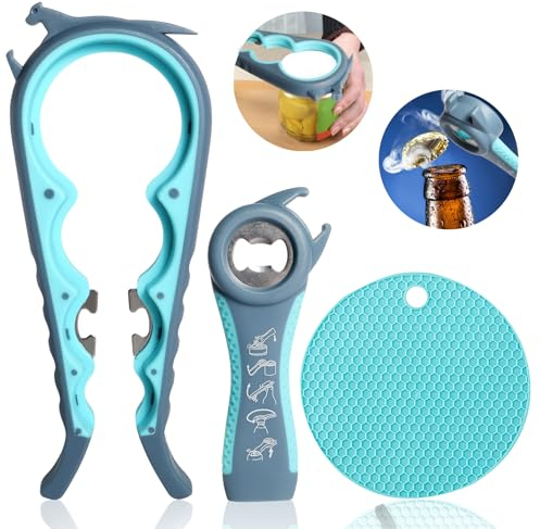 Jar Opener for Weak Hands, Seniors with Arthritis, 5 in 1 Multi Function Bottle Opener Lid Opener for Arthritic Hands with Non Slip Rubber (Blue)
