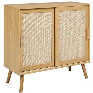 Beliani Sideboard Spanholz Brett Rattan Geflecht 2 Tür mit Regalen Schlafzimmer Aufbewahrungslösung helles Holz Hodgen