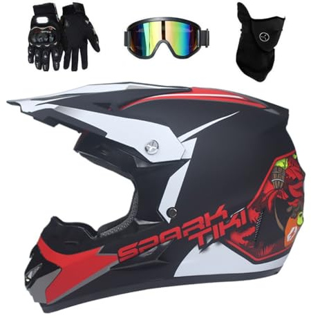 Volles Gesicht Motocross-Helm Satz, mit Brille Handschuhe Maske, Jugend Kind Offroad Motorrad Kart Fahren Roller Helm, Bergab MTB ATV BMX Enduro Quad Dreckiges Fahrrad Absturz Helm ( Color : Red , Siz