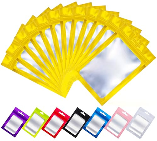 Rimiko 100 Pezzi Sacchetti di Alluminio con Finestra, Bustine in Mylar con Zip, Buste Ermetica a Chiusura per Alimenti e l'Imballaggio (D'oro,12x20cm)