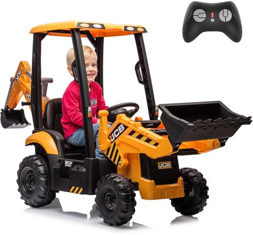 12V JCB Ride On Excavator, Ride on Toys for Kids 4-8, Electric Car for Kids with Tractor, Bulldozer, Digging Arm, Backhoe Loder with Slow Start/Stop, Adjustable Speeds (Excavator, Yellow with Roof)