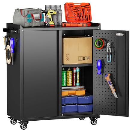 Aobabo 31.5 H Garage Storage Cabinet with Wheels,Lockable Metal Storage Cabinet with 2 Doors for Garage Home Office Storage,Black,Assembly Required