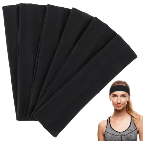 6 Stück Sport Haarband für Damen Herren Schwarz Baumwolle Stirnband Antirutsch Elastisches Headband Weiche Breite Stirnbänder für Yoga Fitness Laufen Exercise Gym