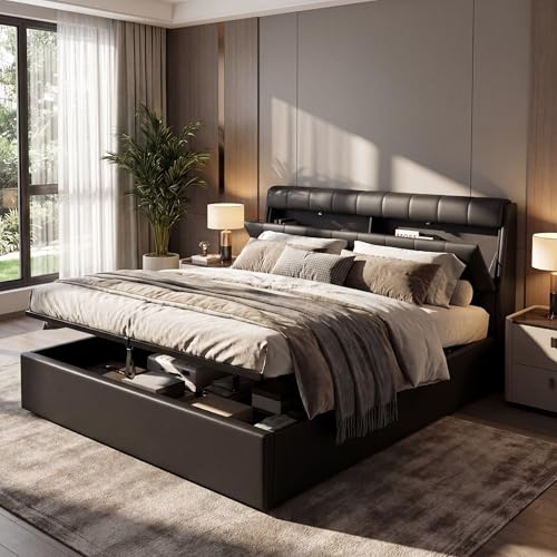 ModernLuxe Double Bed Frame, Fashion Upholstered Ottoman Bed, 4ft6 Double Bed Frame with Storage, Concealed Headboard Storage, Hydraulic Bed with Slats, No Mattress, Black PU 135x190cm
