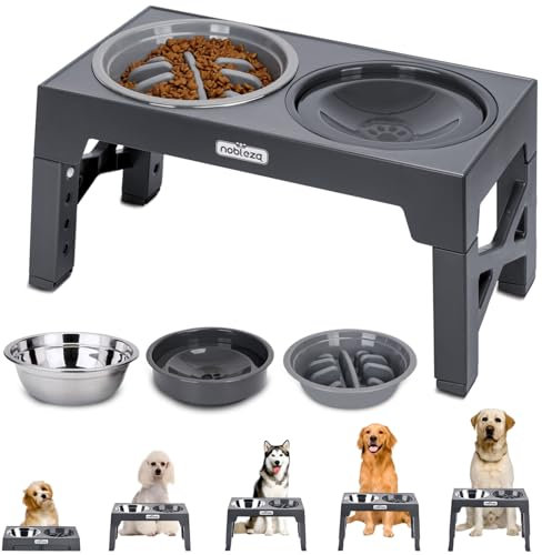 Nobleza Raised Elevated Dog Bowl with Stand 5 Adjustable Heights Pet Food Water Bowl with 800ml Slow Feeder+1100ml Steel Steel+800ml Non Spill Pet Bowls Dog Feeding Station for Small Medium Large Dogs
