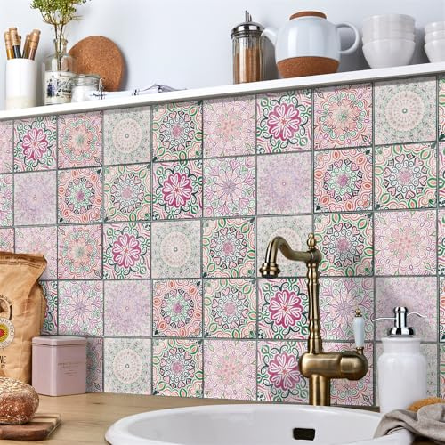 Fliesenaufkleber Rosa Grün Mandala Mosaikfliesen Vinyl Klebefliesen Wohndekoration Fliesenaufkleber Bad Wasserdicht Fliesenaufkleber Küche Ölfest Fliesenfolie 24 Stück/20x20cm