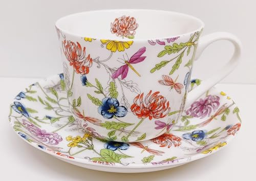 Rainbow Decors Japanese Garden & Dragonflies Cup and Saucer Fine Bone China Breakfast Jumbo 15 oz Floral Set Hand Decorated in UK