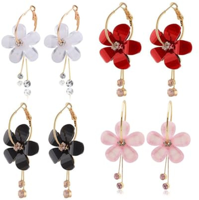 QLEUIFT 4 pares de pendientes vintage de flor cristal acrílico esmalte colgantes para mujeres y niñas, rojo, blanco, negro, rosa
