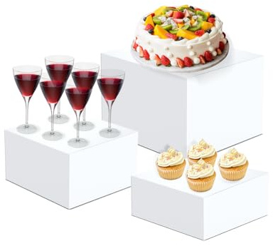 Orizizhic 3 PCS Buffet Risers, 6x7x8 Inch White Acrylic Food Risers for Buffet Table，Different Size Hollow Nesting Food Display Stand for Cupcake Dessert Party Decor, Table Display Storage