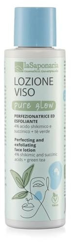 La Saponaria | Lozione viso Pure Glow, tonico esfoliante perfezionatore con 4% acido shikimico e succinico e estratto di tè verde, ideale per una pelle più liscia e luminosa. 150 ml