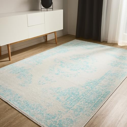 benuta Basic Teppich Sia - Creme/Türkis 300x400 cm - Kunstfaser - Rechteckig & im Style: Vintage, Boho-Style, Retro - Pflegeleicht für Wohnzimmer Schlafzimmer