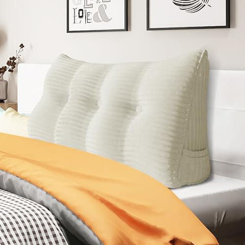 strusery Coussin cale en velours côtelé - Grand coussin de dossier triangulaire pour tête de lit et lit - Soutien à la lecture, positionnement des pieds (Blanc, 100 x 50 x 20 cm)