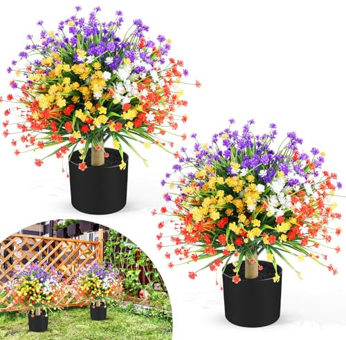 Jexine Juego de 2 bolas topiarias artificiales de boj con flores coloridas, picos de tierra de 21 pulgadas, resistentes a los rayos UV, árbol topiario de boj sintético, bola de boj artificial