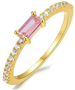 Mesnt 14K Gelbgold Damen Goldring 585 Echtgold mit Rechteckig Rosenquarz und Moissanit, Größe 51 (16.2)