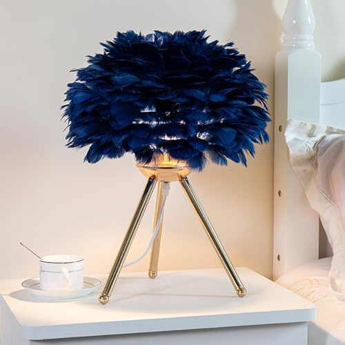 Chao Zan Moderne Tischlampe mit Federschirm, Goldenes Dreibein-Gestell, 45 cm Höhe, 30 cm Durchmesser, Nachttischlampe Dekorative Schlafzimmer Nachtlicht Wohnzimmer E27 Tischleuchte (Blau)
