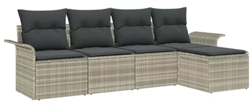 vidaXL Garten-Sofa-Set mit Kissen 5 pcs Hellgrau Poly Rattan, Garten und Terrasse, modernes, modulares Outdoor-Sofa, verstellbare Füße, Rattan-Sitzgruppe, wetterfest