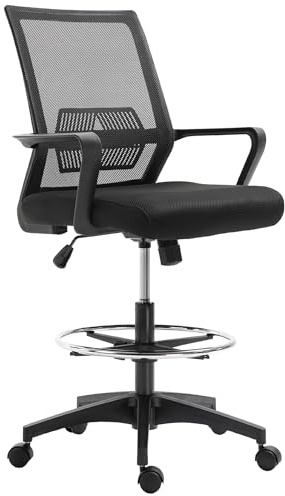 Vinsetto Bürostuhl Ergonomischer Schreibtischstuhl mit Verstellbarer Fußring, Lendenwirbelstütze, Höhenverstellbarer Drehstuhl mit Netzbespannung, Zeichenstuhl mit Wippfunktion, Office Chair Schwarz